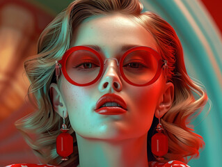 Obraz premium Retro style pastel colors summer background. Fashion woman wearing big sunglasses.