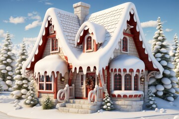 a house in winter forest, decorated for christmas or new year holiday, winter season, snow