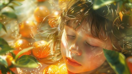A young girl intimately engaging with the scent of a fresh citrus fruit in a sunlit grove. A young girl inhales the fresh scent of an orange amidst the warm glow of a citrus grove at sunset. AIG50