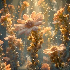 Ethereal Macro Perspective of Pollen and Floral Fragrance Particles in a Lush Botanical Background