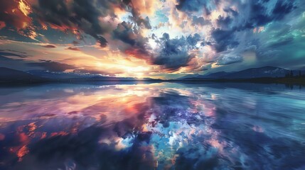 Fototapeta premium Illustrate a peaceful scene with a sense of unease, blending a serene setting of a calm lake with an unsettling sky of swirling colors and distorted clouds