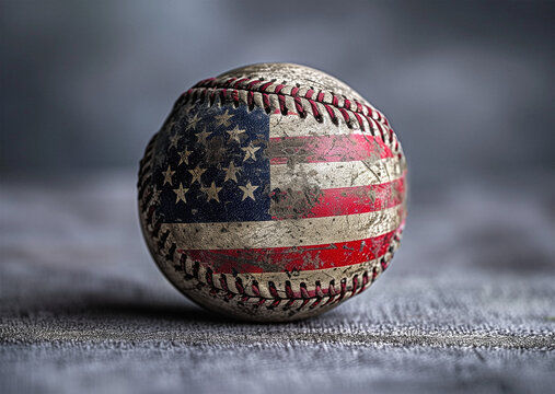 Close-up of baseball with American flag pattern and texture