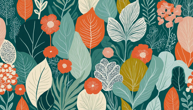 Abstract botanical nature art collage seamless pattern in vintage tones