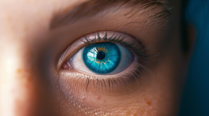 Obraz premium blue eye close up, intense gaze, created with generative AI technology