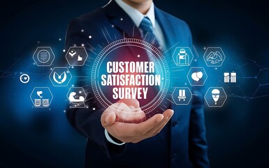 Fototapeta premium Customer satisfaction survery, User give rating to service experience on online application for Customer review satisfaction feedback survey concept.