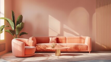 Peach fuzz color of interior design of a room with a sofa and a coffee table. Wall with window shadow overlay and panels with vertical slats. Luxury trendy studio with a plant.