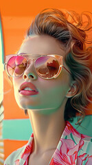 Retro style pastel colors summer background. Fashion woman wearing big sunglasses.
