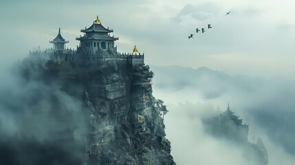 A majestic, ancient temple perched atop a mist-covered mountain, with ornate