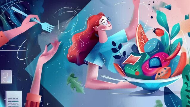 Colorful healthy salad. Food animation. vector animation style. Animations