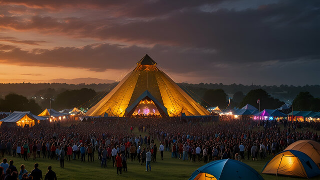 the vibrant atmosphere of the Glastonbury Festival, with colorful tents, energetic crowds, and performers on the iconic Pyramid Stage."