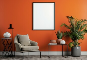 modern interior design with an armchair and a blank poster frame on an orange wall, a mock up for artwork or a picture in a living room at home. A contemporary style interior. 