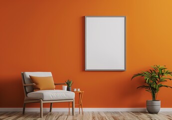 modern interior design with an armchair and a blank poster frame on an orange wall, a mock up for artwork or a picture in a living room at home. A contemporary style interior. 
