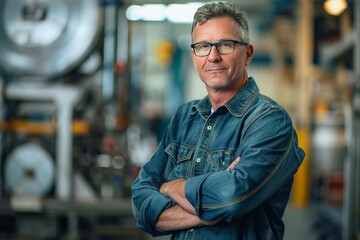Fototapeta premium Mature mechanical engineer, confident, professional, digital SLR, standard zoom, daytime, engineering workshop portrait, digital, high realism, industrial light. , background blur