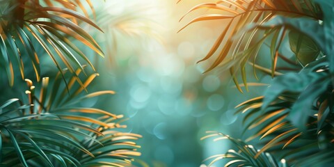 Obraz premium Abstract background with green and orange foliage in blurred summer light