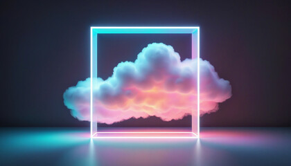 Fototapeta premium 3D neon geometric clouds and squares illuminate the dark room, creating a futuristic and minimalist wallpaper with a blank rectangular frame