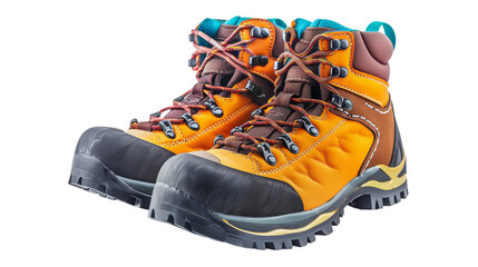 pair of yellow hiking boots isolated on white, clipped cutout
