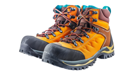 pair of yellow hiking boots isolated on white, clipped cutout