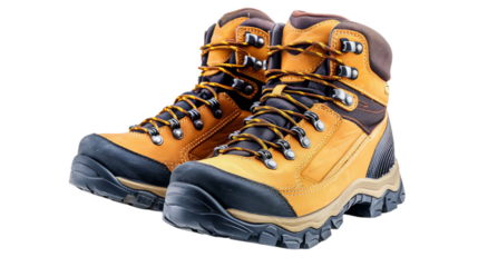 yellow hiking boots isolated on white, clipped cutout