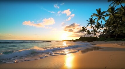 Beautiful Sunset at a Tropical Beach with Palm Trees and Ocean Waves