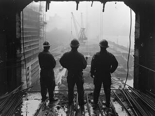 Vintage Construction Workers on Site
