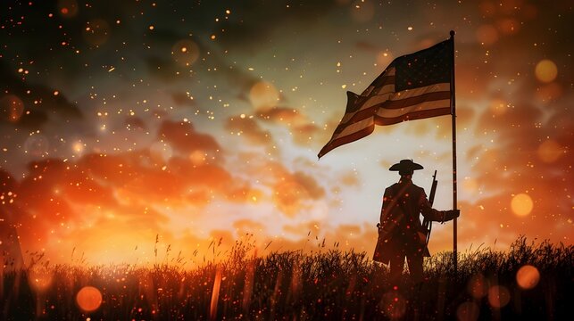 Backlit Silhouette of Colonial Minuteman Raising American Flag on Fiery Revolutionary War Battlefield
