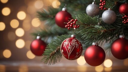 Obraz premium Christmas balls on a Christmas tree with bokeh background