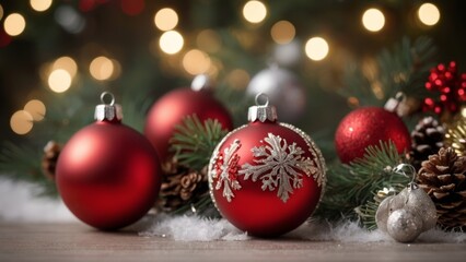 Christmas balls on a Christmas tree with bokeh background
