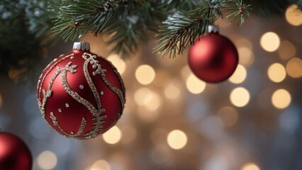 Christmas balls on a Christmas tree with bokeh background