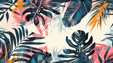 Seamless vector floral pattern with tropical leaves and abstract shapes.
