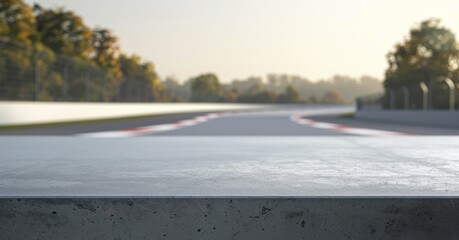 Concrete table top against a racing road background for a product presentation. Empty mockup of a countertop with a car road.
