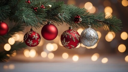 Christmas balls on a Christmas tree with bokeh background