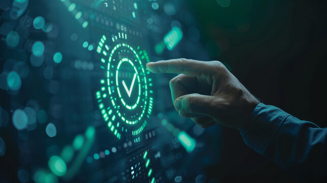 Businessman touching digital check mark icon on virtual screen, technology concept for security protection and quality control in business and industry