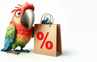 Illustration of cute parrot character holding shopping bag with percent sign and standing isolated on white background. Ideal for shop advertising or e-commerce, copy space for text.