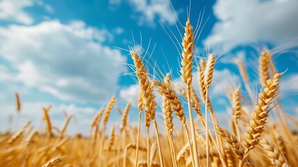Fototapeta premium Close-up of ripe wheat under a blue sky. 
