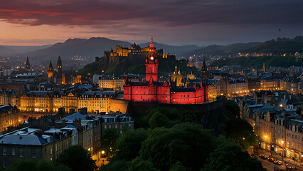 Fototapeta premium city castle at night, illuminated by soft lights, exudes a magical aura, blending historic grandeur with the enchanting glow of the urban skyline.
