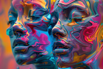 Vivid abstract close-up of two faces with a fluid color effect