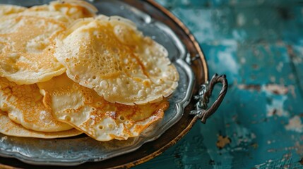 Close up photograph of fried dough pancakes in a metal plate on a blue table s surface