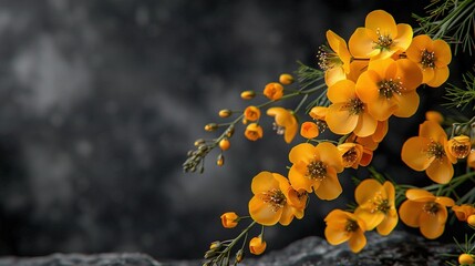   A group of bright yellow flowers perched atop a tree limb, framing a gloomy sky and cloudy backdrop - Powered by Adobe