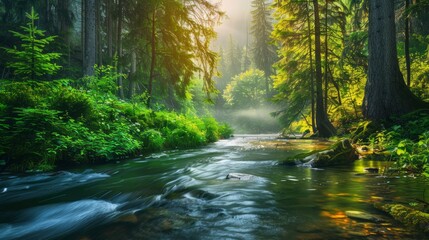 Obraz premium Beauty of river in the forest, Generative AI.