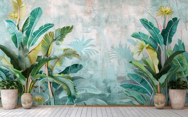 Obraz premium 3d classic wallpaper. green branches tree leaves on drawing gray mural background for bedroom decor. AI generated illustration
