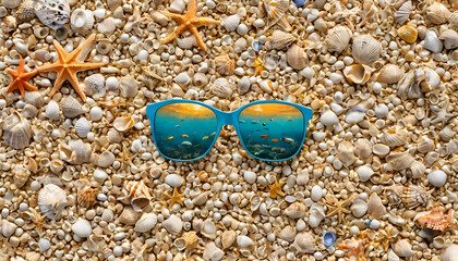 Obraz premium A pair of sunglasses lies atop a dense collection of seashells, exuding beachside aesthetics, perfect for a summer-themed card