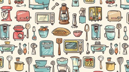 Seamless doodle pattern of kitchen appliances.
