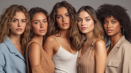 Fototapeta premium Five diverse women posing for a portrait with neutral expressions showcasing beauty and diversity