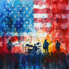 Silhouette of a band performing at a concert with the American flag in the background. Vibrant colors and artistic style.
