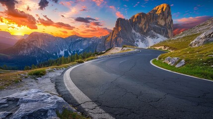 Mountain road during a vibrant summer sunset.
