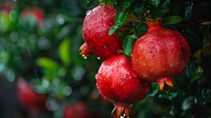 Fresh pomegranates with water droplets hanging on a tree branch.
