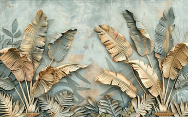 3d classic wallpaper. green branches tree leaves on drawing gray mural background for bedroom decor. AI generated illustration