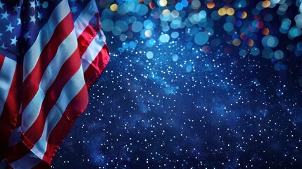 Fototapeta premium American flag on blue bokeh background, symbolizing patriotism and celebration. Perfect for Independence Day and national holiday themes.