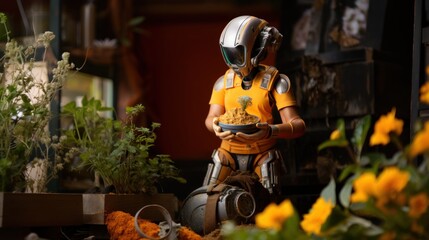 Fototapeta premium Futuristic robot with a helmet head holding a bowl of noodles amidst a cafe setting with flowers