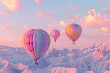 Fototapeta premium Large, colorful, airy, flying balloons in the sky over the mountains,
